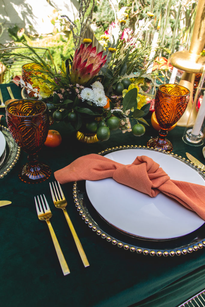 Emerald Table Linen with Gold and Orange Accents for a Autumn Table Design