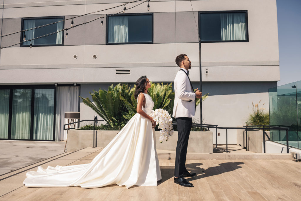 First Look bride and groom rooftop