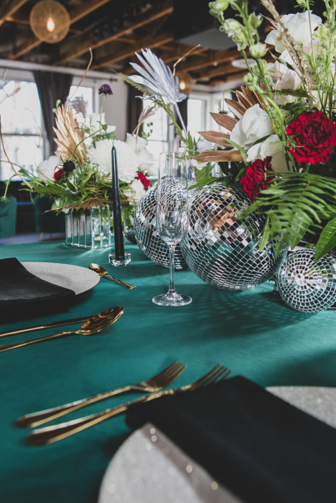 New Year's Eve Table Design with Disco Balls