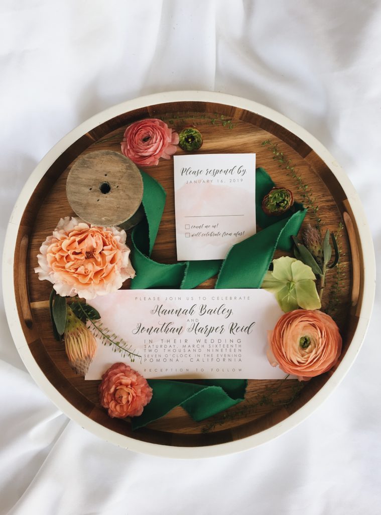 Invitation Suite wedding stationery with blush flowers green ribbon