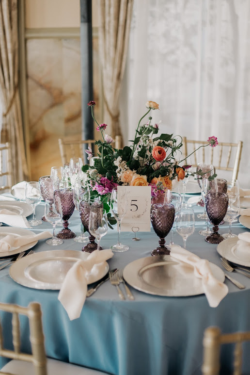 dusty blue and purple goblets with whimsical flowers