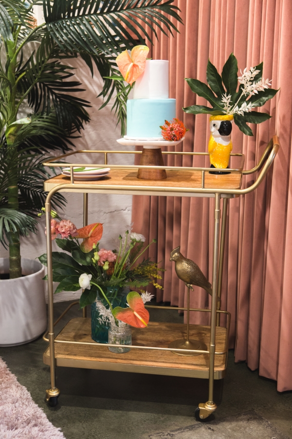 Tropical Styled Bar Cart with Wedding Cake