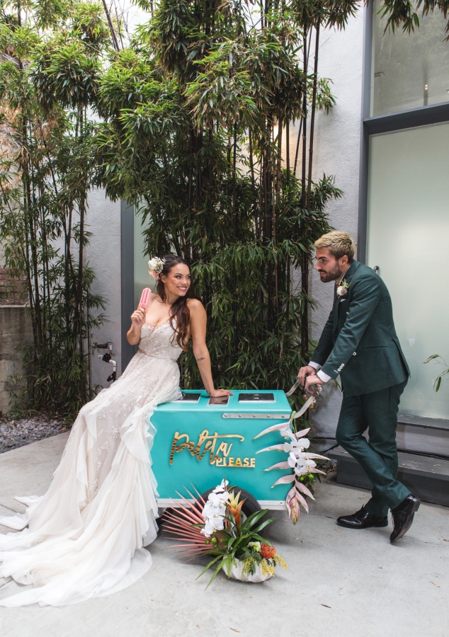 Bride and Groom on Custom Ice Cream Cart for Downtown Los Angeles Wedding