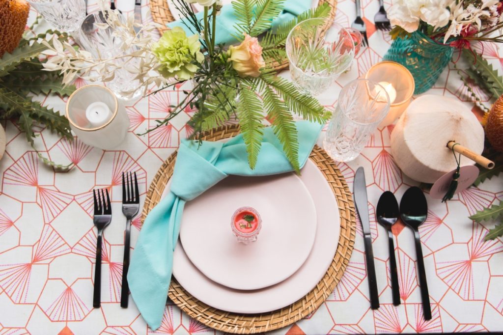 Coral and Aqua Table Design for Tropical Wedding in Downtown Los Angeles