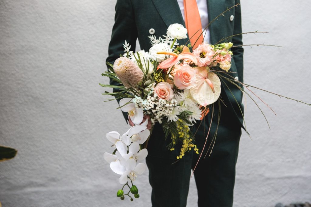 Tropical Bouquet with Coral and White Flowers for Wedding