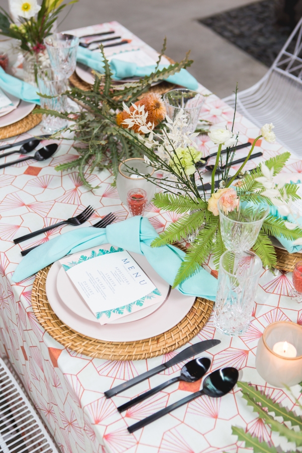 Coral and Aqua Tropical Table Design for Downtown Los Angeles Wedding